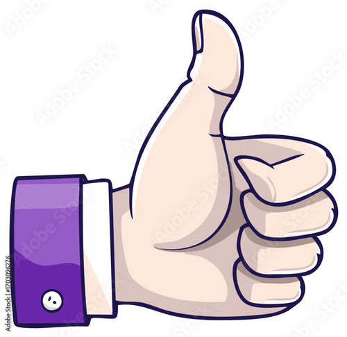 Cartoon Hand Giving Thumbs Up Gesture, Approval Sign with Purple Sleeve, Like Sign