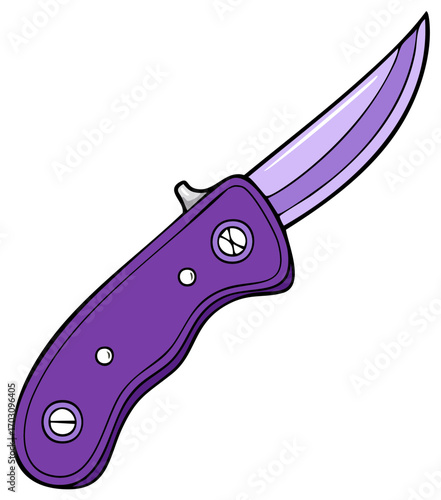 Purple folding knife with a sharp steel blade in a modern illustration style