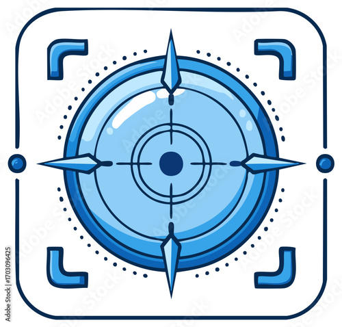 Futuristic blue compass and target icon for navigation direction and strategic aiming vector illustration