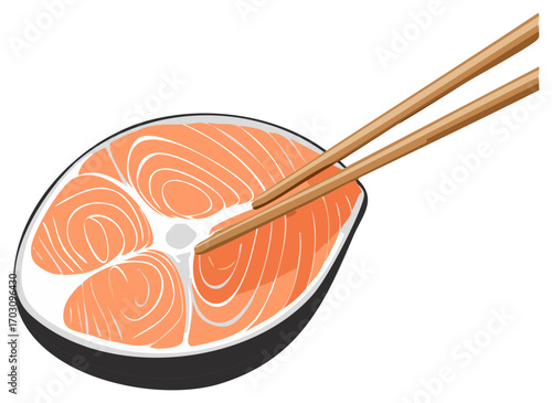 Fresh salmon steak slice with wooden chopsticks, ready for preparation or eating