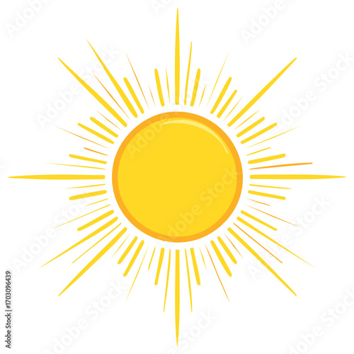 Stylized bright yellow sun with radiating light rays, a vibrant cartoon illustration representing summer warmth and energy