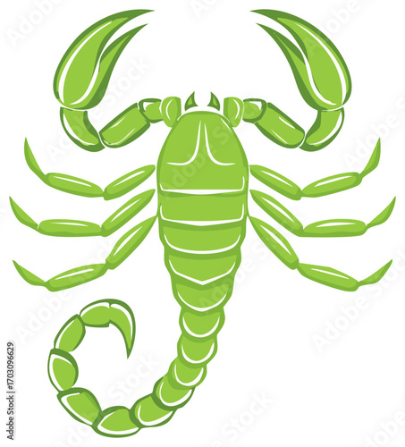 Stylized Vector Illustration of Green Scorpion Creature with Pincers and Segmented Body