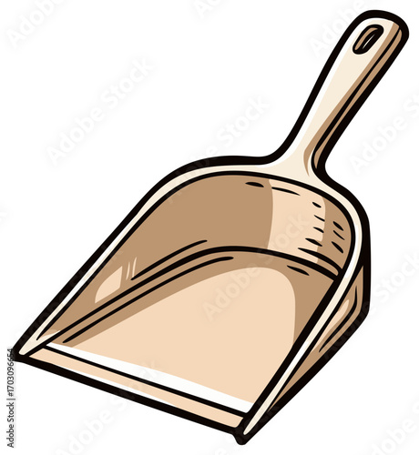 Illustration of a simple beige plastic dustpan with handle for cleaning dust and debris in home and office
