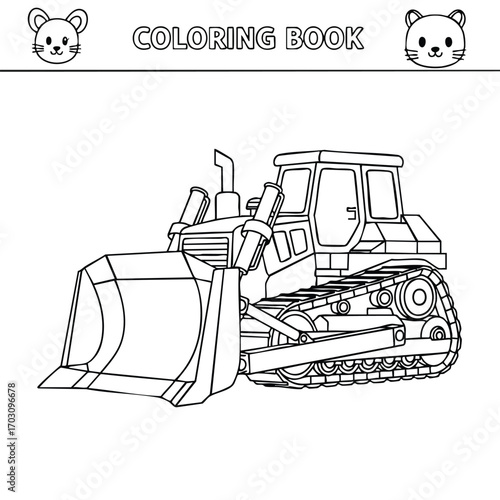 Black and white line drawing of a detailed bulldozer with tracks and a large front blade for a coloring book page