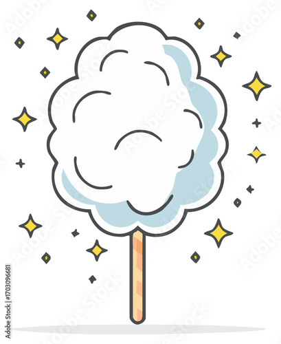 Cartoon illustration of cotton candy on a stick with yellow stars and sparkles surrounding it.