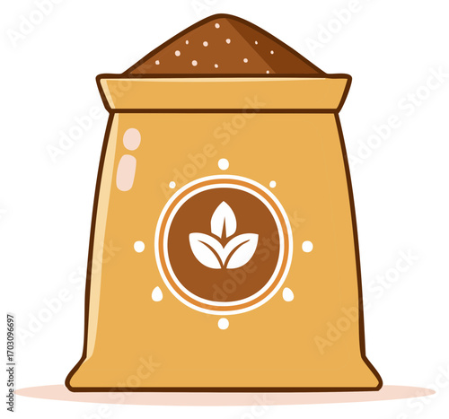 Full sack of soil with emblem of leaves, fertilizer, vector illustration, simple style.