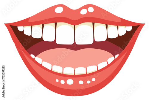 Cartoon wide open mouth showing white teeth and pink tongue and lips with rounded edges