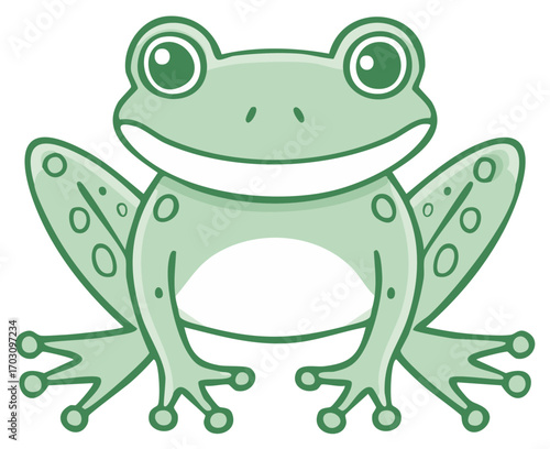 Whimsical green frog illustration with a friendly smile and distinctive spots, amphibian character, design element for diverse creative applications.