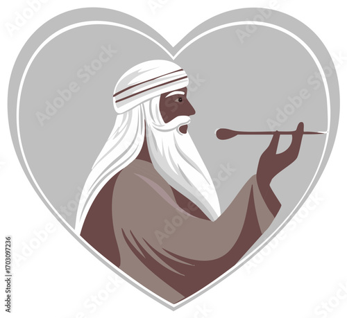 Profile of a wise elder in a traditional turban smoking a pipe inside a heart symbol illustration
