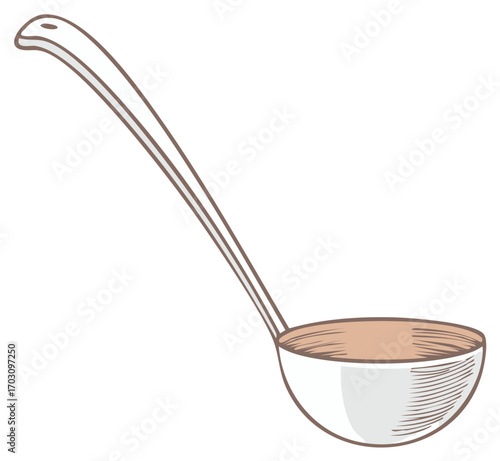 Drawn illustration of a white ladle for cooking and serving food