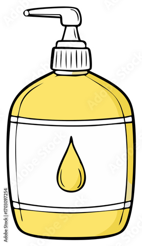 Cartoon illustration of hand soap dispenser with a drop of liquid