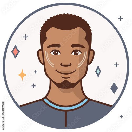 Smiling man with glowing skin and contour makeup vector icon for men's grooming and beauty