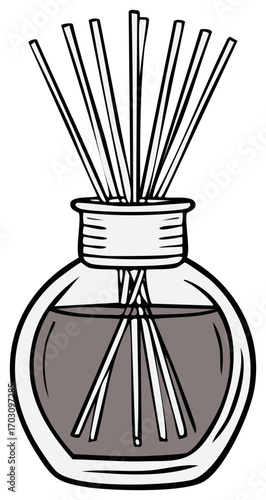 Illustration of a reed diffuser with sticks and aromatic oil