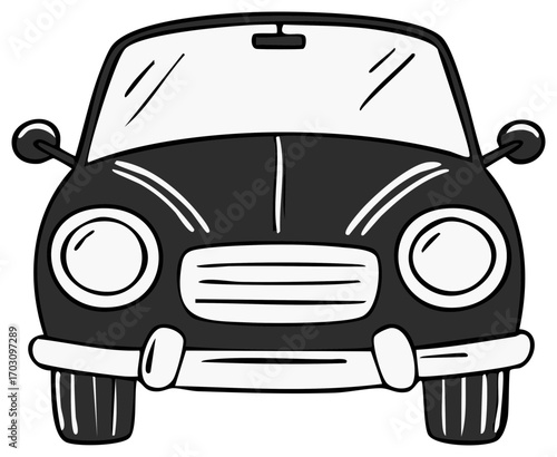 Cartoon Front View of Black Classic Car with Rounded Headlights and Chrome Bumper Icon