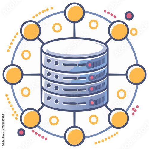 Vector illustration of a data server surrounded by network connections and data symbols