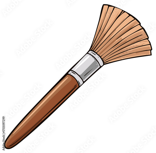 Isolated cartoon style cosmetic makeup brush illustration with brown handle and soft bristles