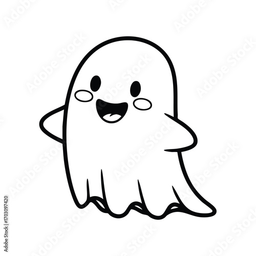 Cute happy cartoon ghost character with smiling face and blushing cheeks in a playful pose on white background