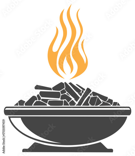 Brazier with hot burning charcoal and orange flames for grilling and barbecue