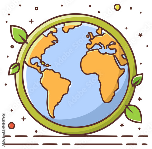 Stylized planet Earth with green vines and leaves symbolizing nature and growth