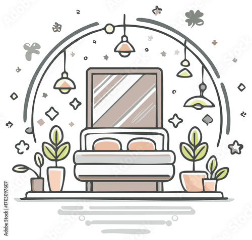 Cozy bedroom with a large mirror and hanging lamps in a whimsical doodle style