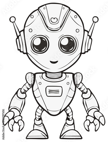 Smiling cartoon robot illustration vector outline art. Robotic character for design.