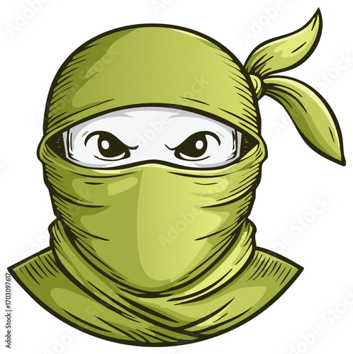 Mysterious Green Masked Figure with Intense Eyes Vector Cartoon Illustration