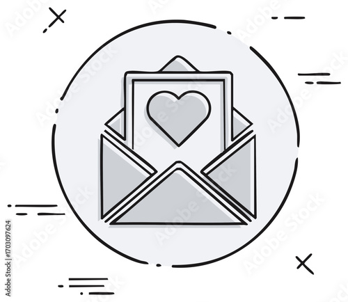 Hand drawn love letter icon with heart in open envelope doodle style illustration