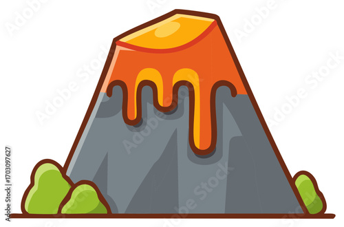 Cartoon volcano erupting with glowing lava and green foliage at its base