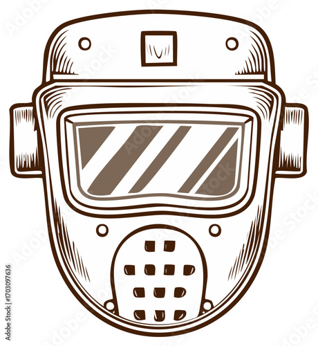 Classic ice hockey goalie mask with protective visor in a retro sketch style
