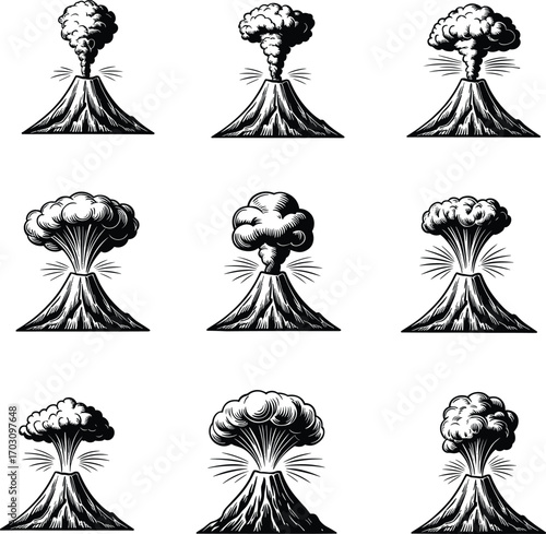 Vintage volcanic eruption illustrations, explosive volcano vector icons, black and white eruption art, smoke plume, magma burst, natural disaster symbols.