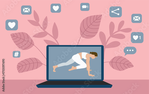 Online Fitness Class on Laptop with Social Media