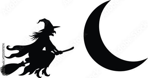 Silhouette of a witch flying a broomstick next to a crescent moon halloween concept