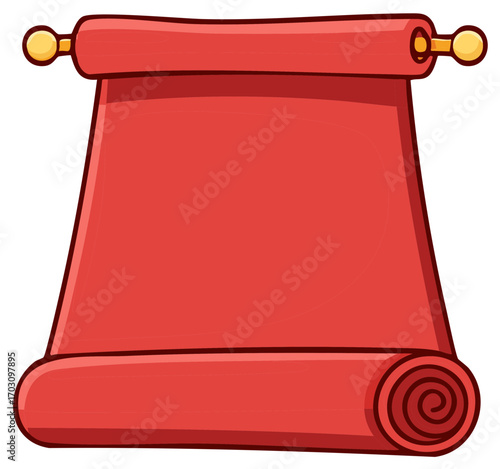 Cartoon Style Red Scroll Document on Wooden Rods with Gold End Caps