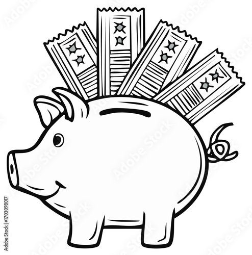 Cheerful piggy bank line art with tickets, symbolizing saving for a prize, lottery, or entertainment.