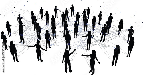 Silhouettes of diverse people connected by lines, representing networking, communication, and collaboration