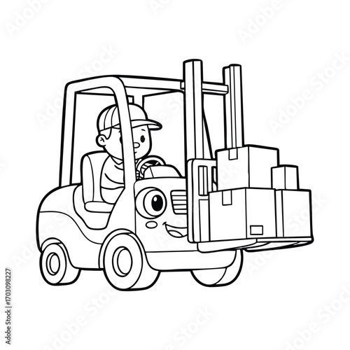 A cartoon forklift operated by a worker carrying multiple stacked boxes in a warehouse or industrial setting