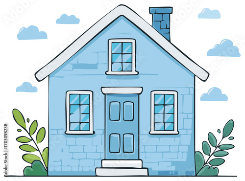 Charming Light Blue House with Chimney and Clouds in a Whimsical Hand Drawn Style