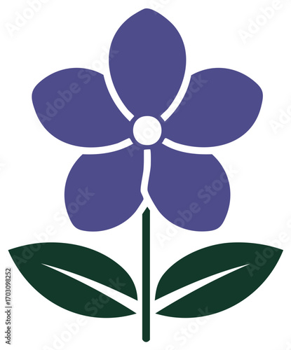 Simple graphic of a flower with five petals and leaves in green and blue