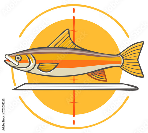 Stylized illustration of a fish being measured on a ruler with target crosshairs and a yellow circular background