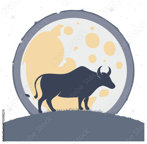 Silhouette of a Bull with Moon and Stars