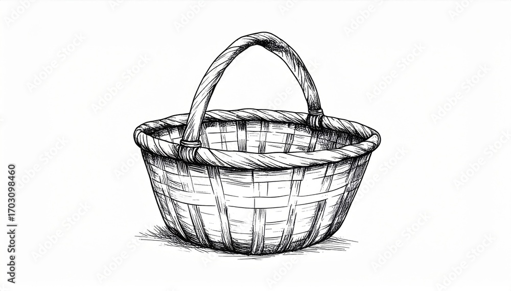 Obraz premium Rustic Woven Basket with Handle Isolated on White Background Artistic Line Drawing
