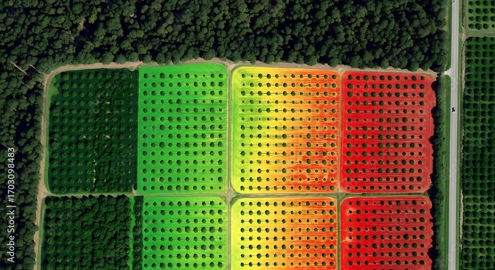 Fototapeta premium Top-down drone perspective of agricultural fields with a thermal imaging data overlay showing crop health and soil analysis