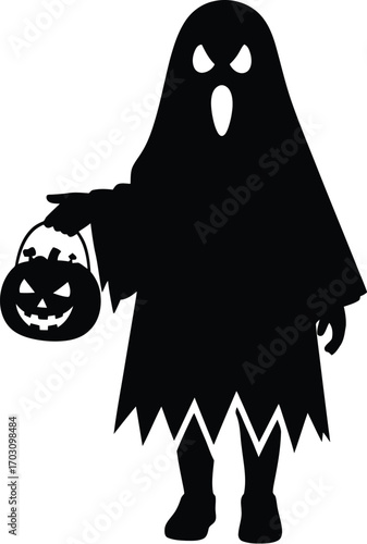 Silhouette of a child dressed as a ghost holding a pumpkin bucket halloween concept