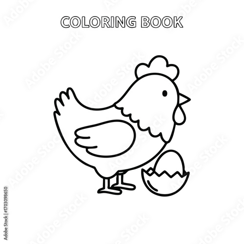 Black and white line drawing of a hen standing beside a cracked egg for children's coloring book activity