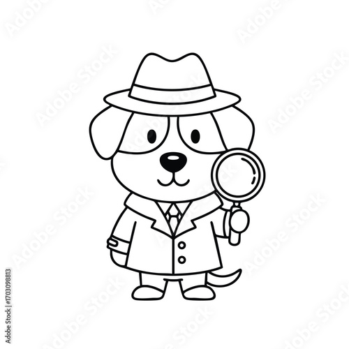 Cute cartoon dog dressed as a detective holding a magnifying glass and wearing a hat and trench coat illustration