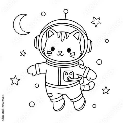 Cute cartoon cat dressed as an astronaut floating in space surrounded by stars and a crescent moon illustration