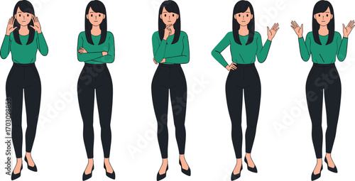 Set of cartoon woman in green top and black pants showing various body language gestures like thinking, waving, and listening.