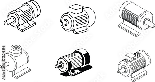 Set of six black and white isometric illustrations of electric motors with various designs and mounting bases on white background.