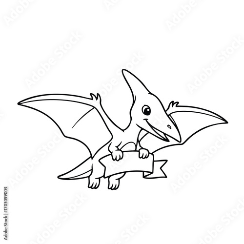 A cartoon style flying prehistoric pterosaur holding a blank banner with its claws in a simple line art design