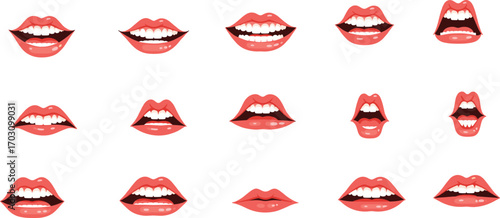 Set of various cartoon female mouth expressions showing emotions like smiling, talking, singing, and shouting on white background.